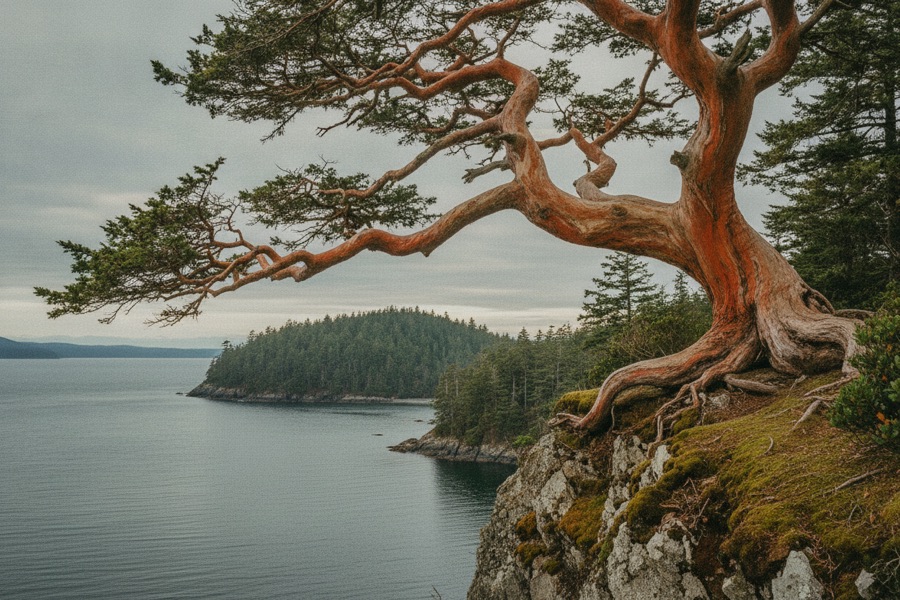 A gnarled arbutus tree leaning out over a rocky bluff above a wide sea channel