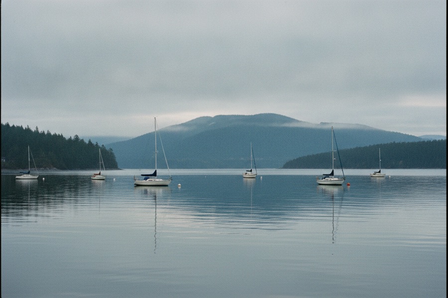 Sailboats at anchor on a calm bay, with forested hills fading into low morning cloud