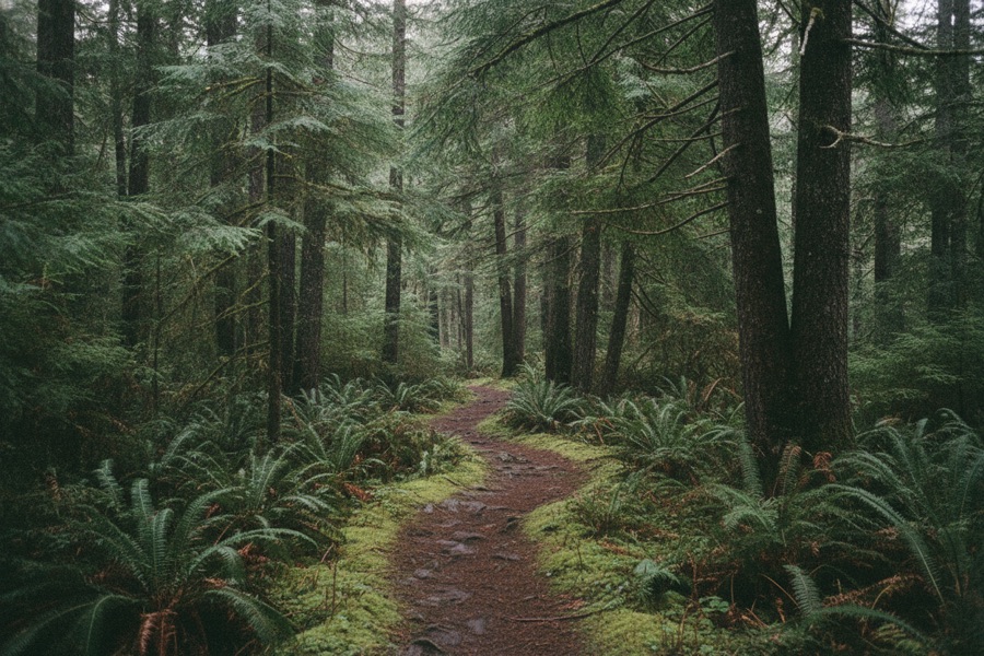 A narrow earth trail winding between sword ferns and tall coastal firs