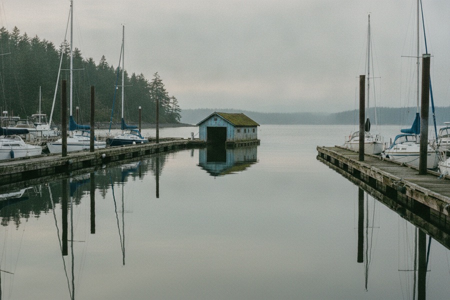 Marina docks and a weathered boatshed reflected in flat calm water on an overcast day
