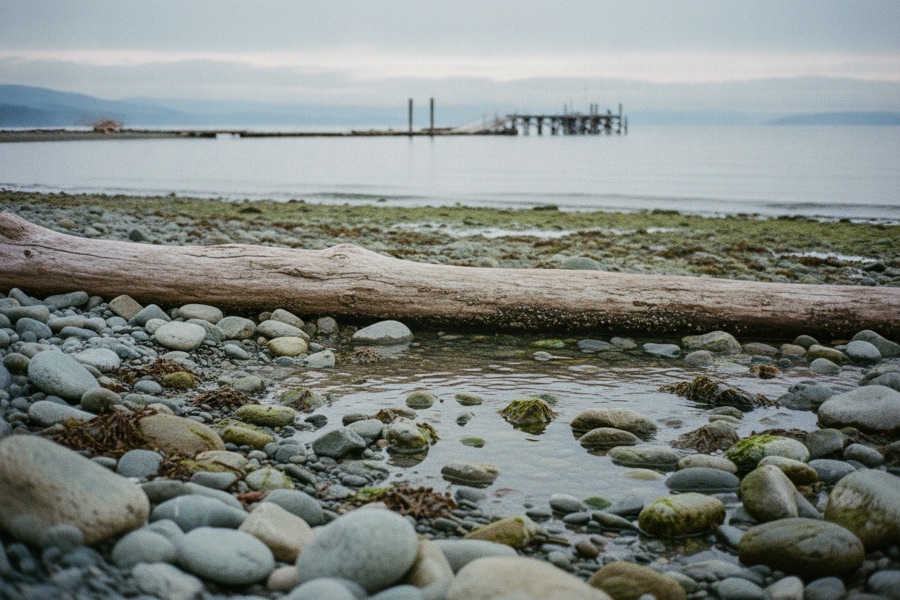 Driftwood and tide pools among smooth pebbles on a beach, with a pier in the distance